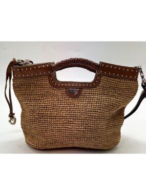 Brighton Woven Straw & Leather Tote Bag With Embossed Handles & Silver Heart Cha
